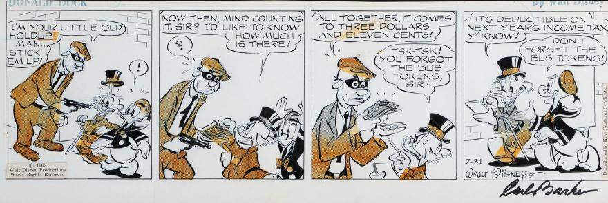 "Scrooge McDuck" and "Donald Duck" comic strip art signed by Carl Barks